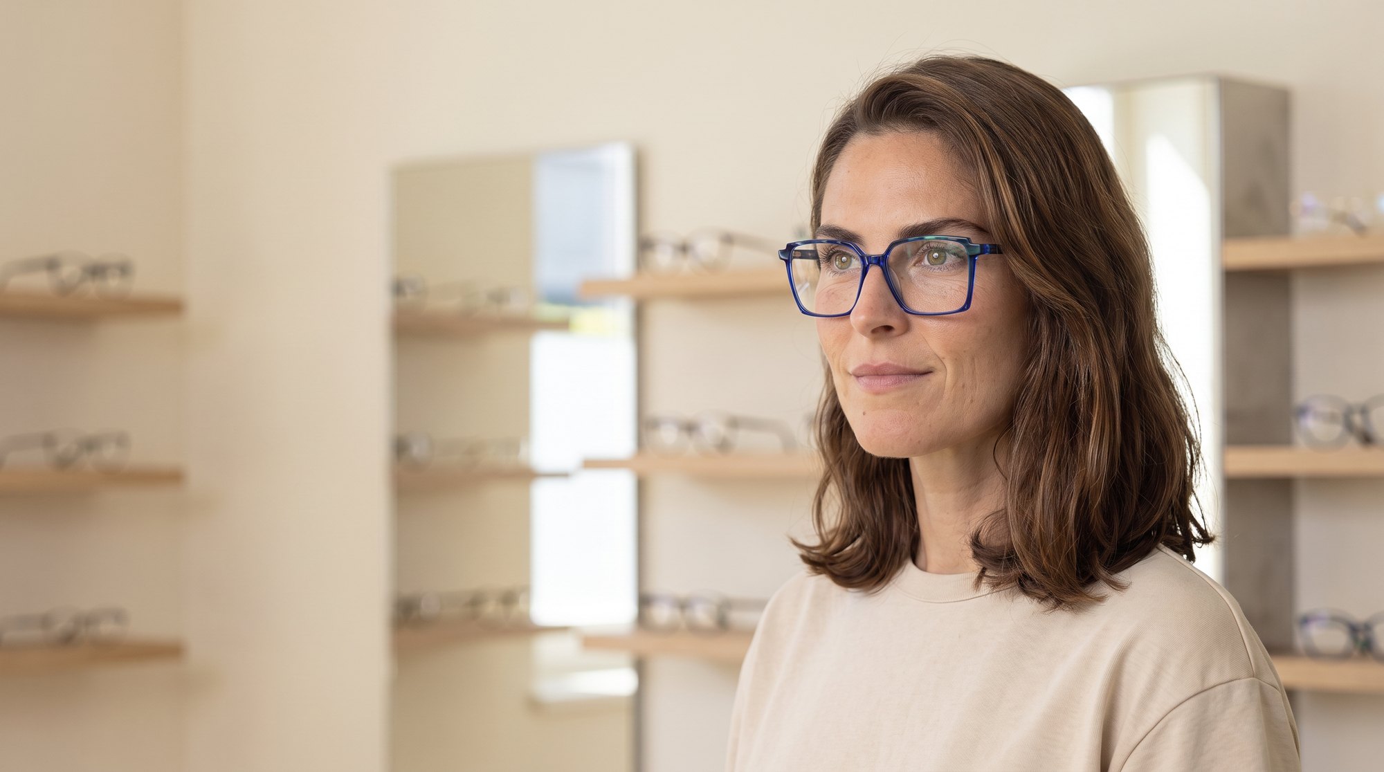 Frau mit kobaltblauer Acetatbrille im Showroom von CITYOPTIC in Dietikon