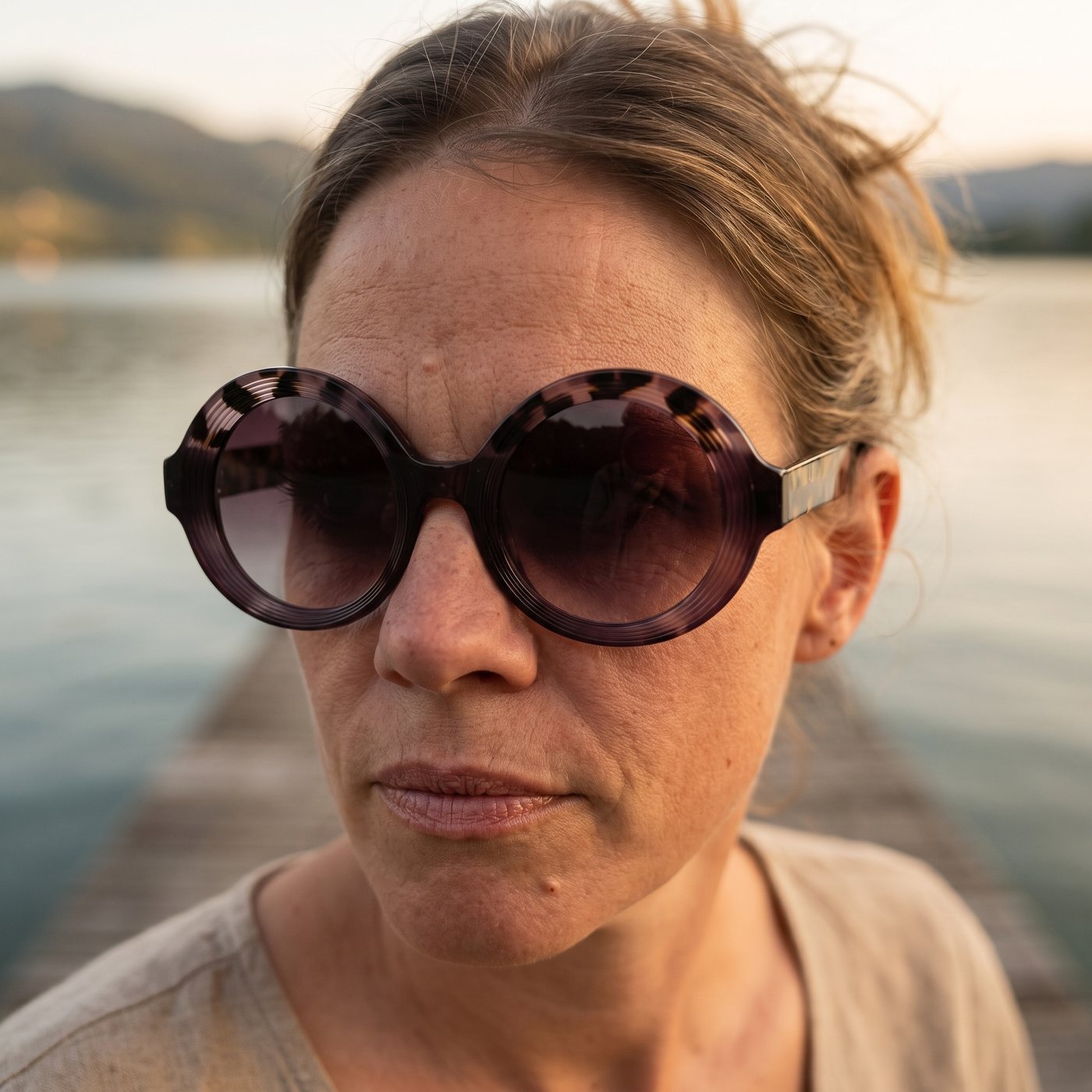 Frau mit runder Sonnenbrille auf einem Steg