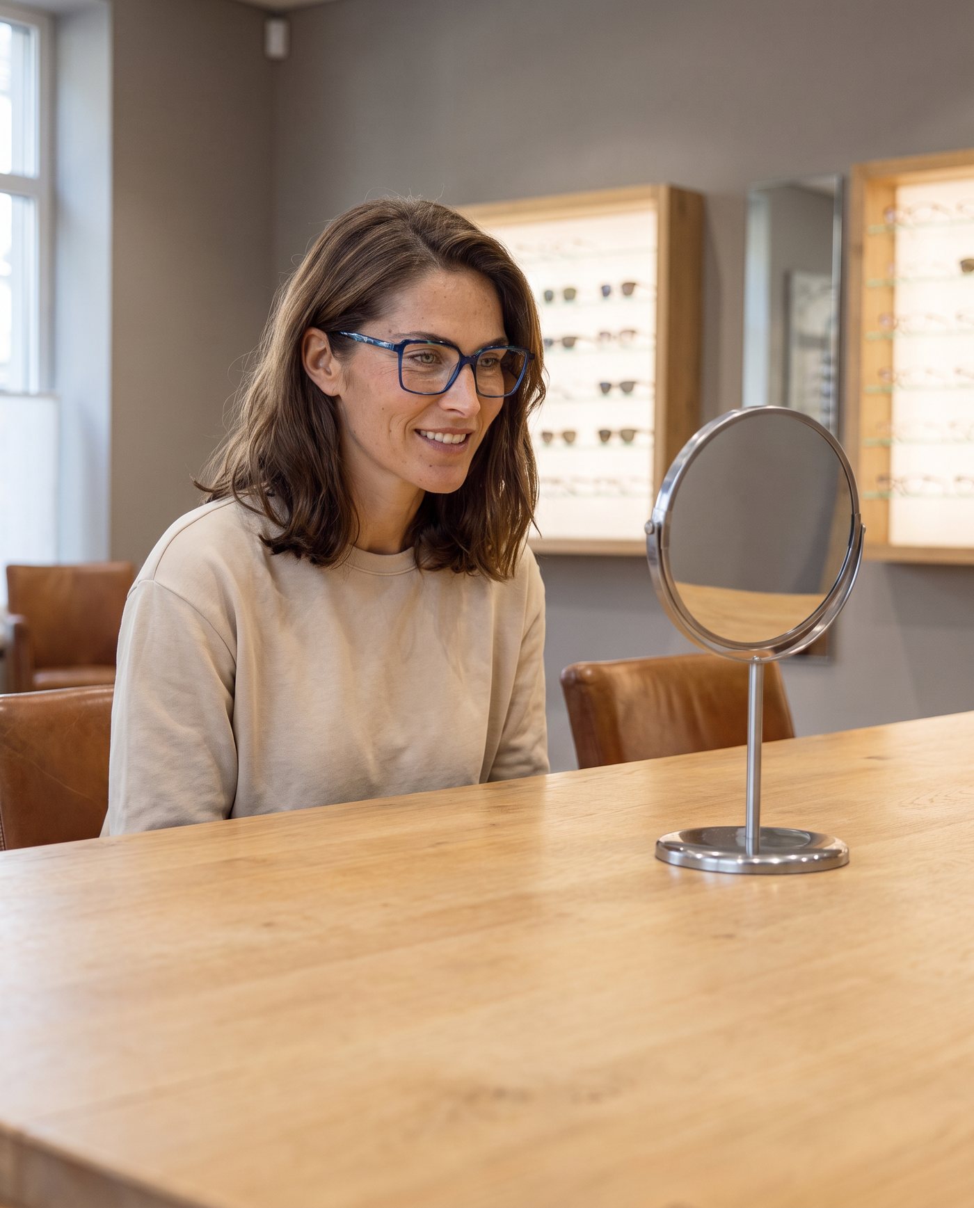 Frau am Eichentisch im Showroom vor einem Spiegel