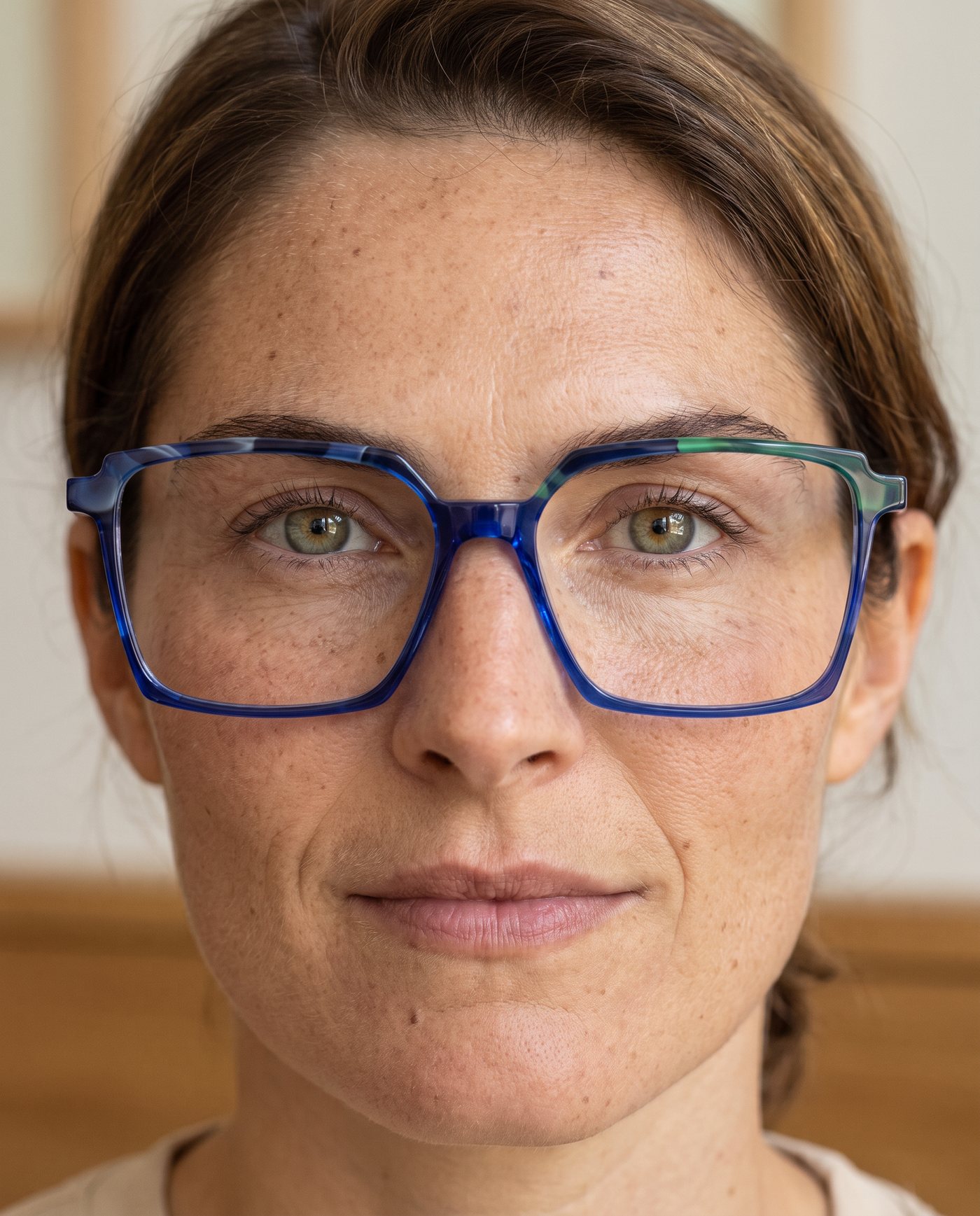 Frau mit kobaltblauer Brille, scharf gestellt