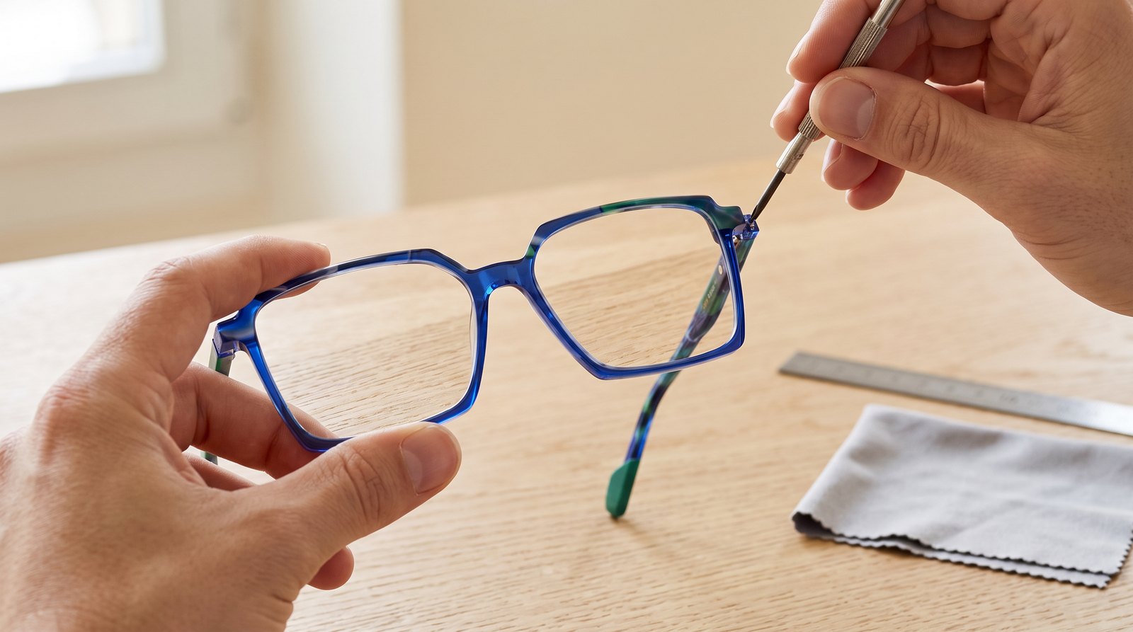 Hände justieren eine blaue Acetatfassung mit einem feinen Schraubenzieher
